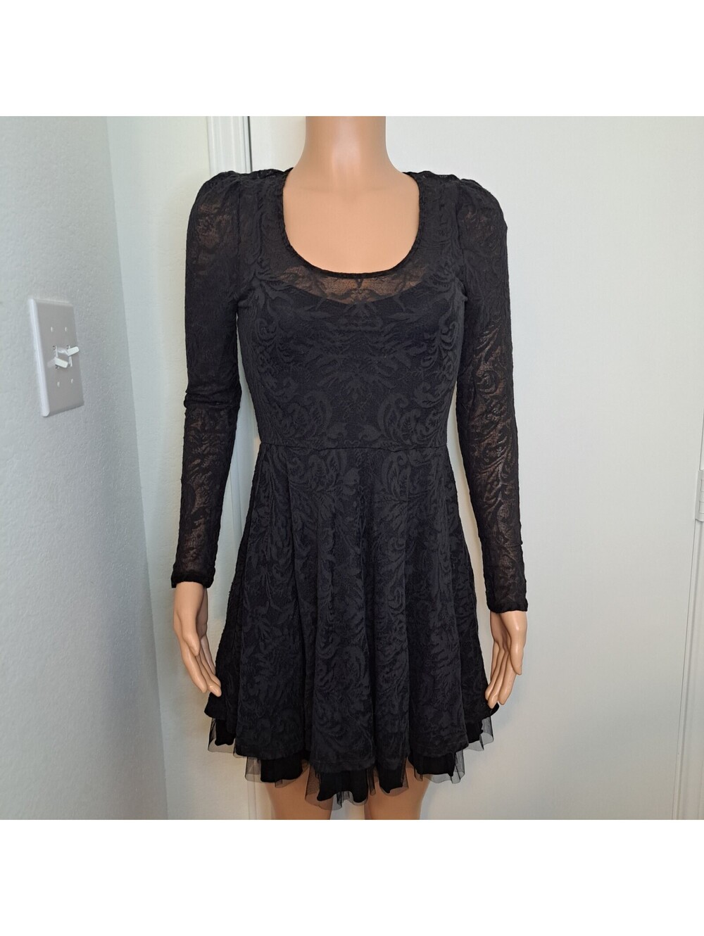 Free People Burnout Skater Dress Black Mesh Tulle Hem Fit And Flare Size XS